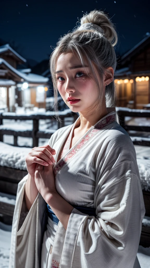Snow Woman、Gray Hair、White kimono、Ponytail Hair、cry、tears、Pale skin、village、night