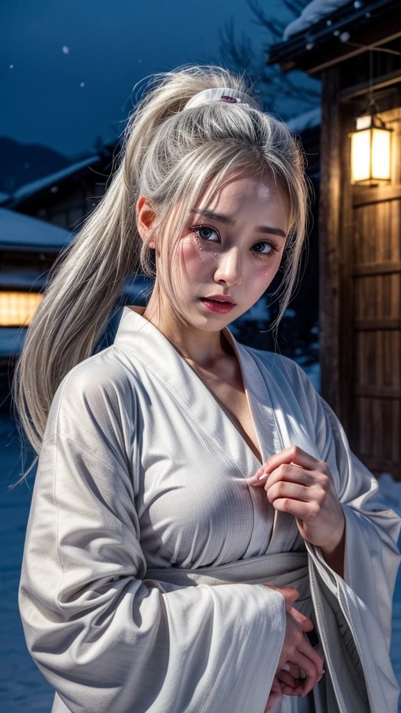Snow Woman、Gray Hair、White kimono、Ponytail Hair、cry、tears、Pale skin、village、night