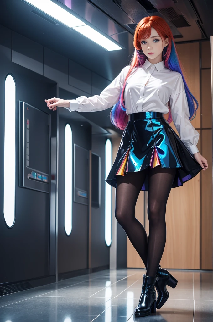 Cute redhead,Rainbow-colored hair tips, ribbon on hair, 18 year old female, Happy, Double tail, Perfectly symmetrical eyes, Clear, sparkling blue eyes, Pale skin, silky smooth skin, Stand on a gorgeous metal luxury spaceship, Futuristic corridor, Dark warm lighting, Wearing a futuristic dress, Wrinkles (shirt) mini skirt (Soft rainbow colors, and dots), Wearing full body pantyhose, Cute short ankle boots.