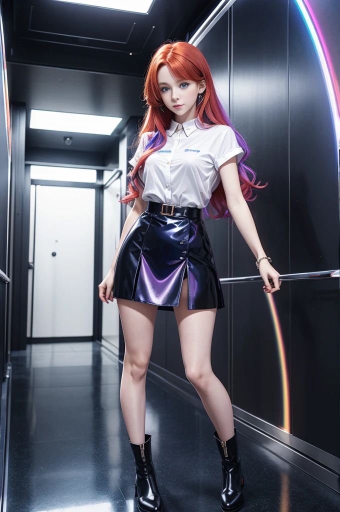 Cute redhead,Rainbow-colored hair tips, ribbon on hair, 18 year old female, Happy, Double tail, Perfectly symmetrical eyes, Clear, sparkling blue eyes, Pale skin, silky smooth skin, Stand on a gorgeous metal luxury spaceship, Futuristic corridor, Dark warm lighting, Wearing a futuristic dress, Wrinkles (shirt) mini skirt (Soft rainbow colors, and dots), Wearing full body pantyhose, Cute short ankle boots.