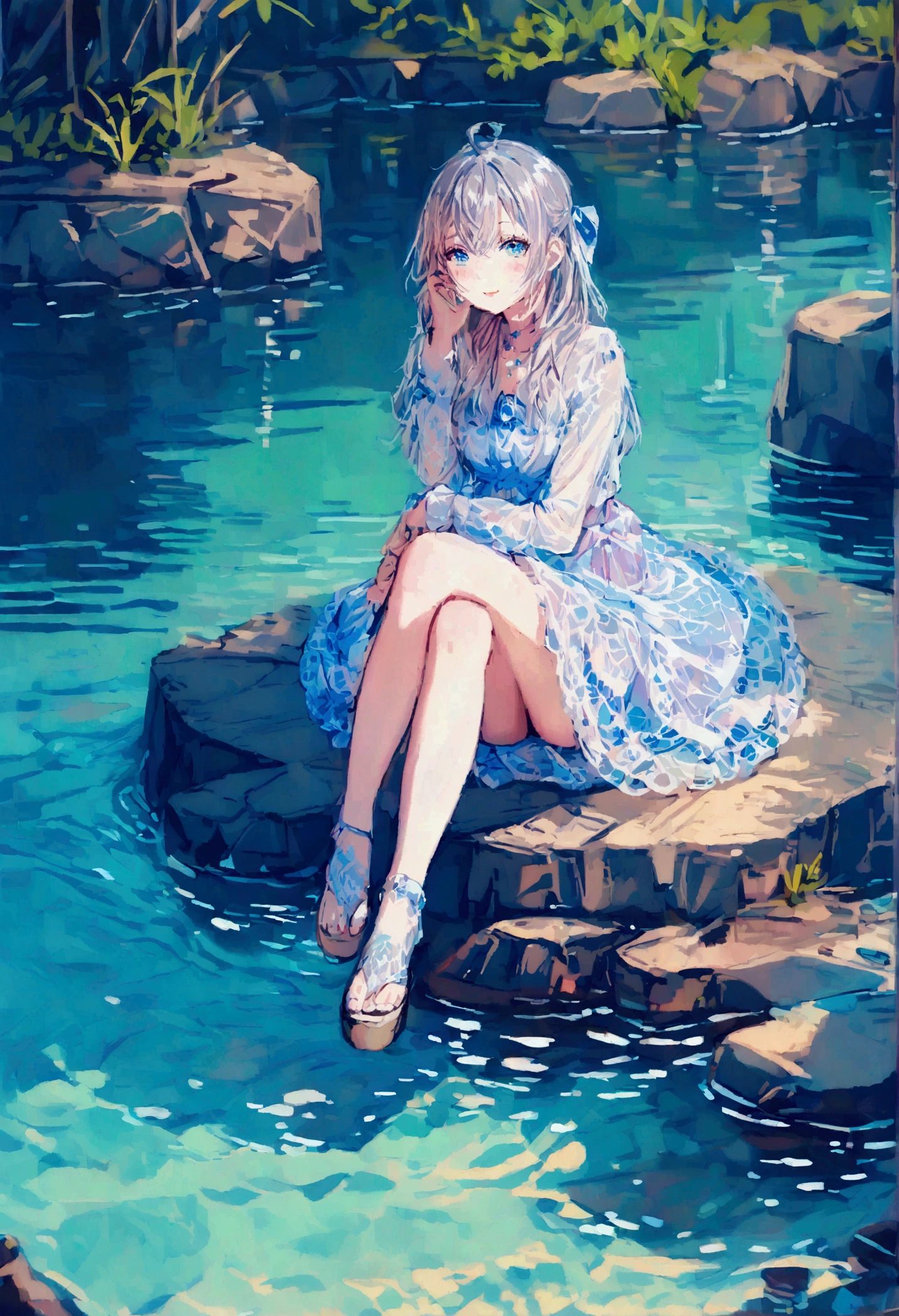 Girl sitting on a stone at the bottom of a lagoon