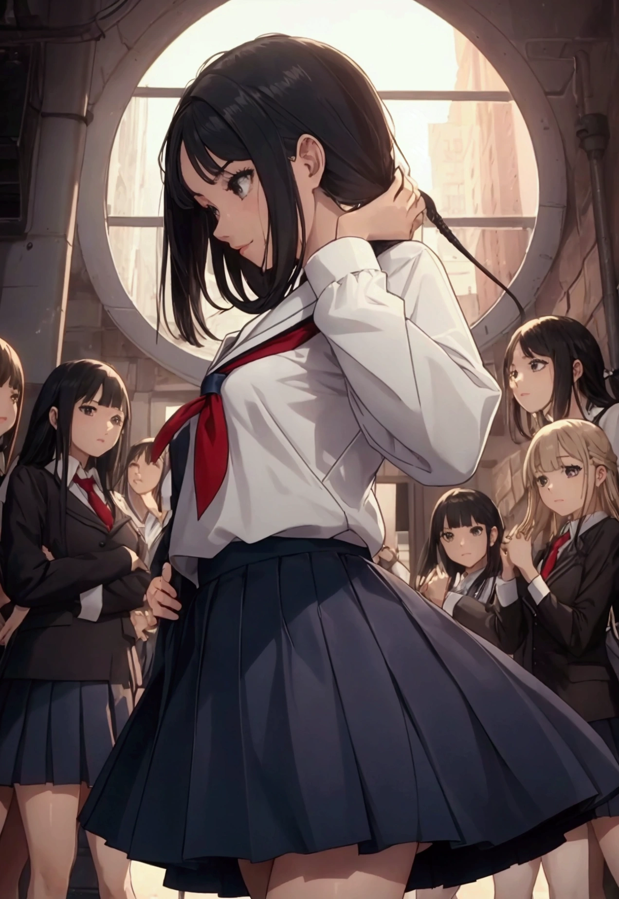 NSWF、((Many students:1.8) profile,(looking away:1.2),(looking at another),bent over,((change clothes)),adjusting hair,hand on own face,(((arms behind head))),((Frolicking)),(Multiple women\(stupid,smile,Flashy makeup,JK,gyaru,bionde,Dynamic pose\),((View the whole body))、(Not aware of the shooting), Breaking Quality\(8k,Highly detailed CG unit wallpaper, masterpiece,High resolution,top-quality,top-quality real texture skin,surreal,Increase the resolution,RAW Photos,Highest quality,Very detailed,wallpaper,Cinema Lighting,Ray-tracing,Golden Ratio\),(Long Shot:1.2) panties ((Dynamic Angle)),{{Random Pause}},((((Dynamic pose)))),((from below:1.6)),{{changing clothes}},(((school uniform))),((serafuku)),((Pleated skirt)), ((( Everyone is wearing the same design))), (((Everyone is wearing the same navy blue skirt))),(((Black knee socks))),(((Black knee-high socks)))、(((Black Pantyhose))),((Multiple women)),(((multiple girls))),((group picture6+girls)),((harem)),((Group shot)), 18-year-old、high school girl,(((Fashionable underwear))),((((Bra and panties are the same color))))、((Beautiful woman))、(((Random hairstyle))),(((Random hair length))),(((Random hair color))),Mid-chest,((the body is slim)),Small Head:1.3,((skinny)),((Oily skin,Glowing Skin,Shiny skin,Sweat:1.4)),(((Slim and long legs)))、