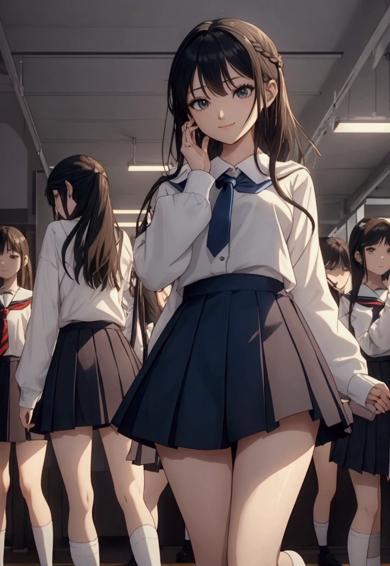 NSWF、((Many students:1.8) profile,(looking away:1.2),(looking at another),bent over,((change clothes)),adjusting hair,hand on own face,(((arms behind head))),((Frolicking)),(Multiple women\(stupid,smile,Flashy makeup,ＪＫ,gyaru,bionde,Dynamic pose\),((View the whole body))、(Not aware of the shooting),　Breaking Quality\(8k,Highly detailed CG unit wallpaper, masterpiece,High resolution,top-quality,top-quality real texture skin,surreal,Increase the resolution,RAW Photos,Highest quality,Very detailed,wallpaper,Cinema Lighting,Ray-tracing,Golden Ratio\),(Long Shot:1.2) panties ((Dynamic Angle)),{{Random Pause}}，((((Dynamic pose))))，((from below:1.6)),{{changing clothes}},(((school uniform))),((serafuku)),((Pleated skirt)), ((( Everyone is wearing the same design))), (((Everyone is wearing the same navy blue skirt))),(((Black knee socks)))，(((Black knee-high socks)))、(((Black Pantyhose))),((Multiple women)),(((multiple girls))),((group picture6+girls)),((harem)),((Group shot)), 18-year-old、high school girl,(((Fashionable underwear)))，((((Bra and panties are the same color))))、((Beautiful woman))、(((Random hairstyle))),(((Random hair length))),(((Random hair color))),Mid-chest,((the body is slim)),Small Head:1.3,((skinny)),((Oily skin,Glowing Skin,Shiny skin,Sweat:1.4)),(((Slim and long legs)))、