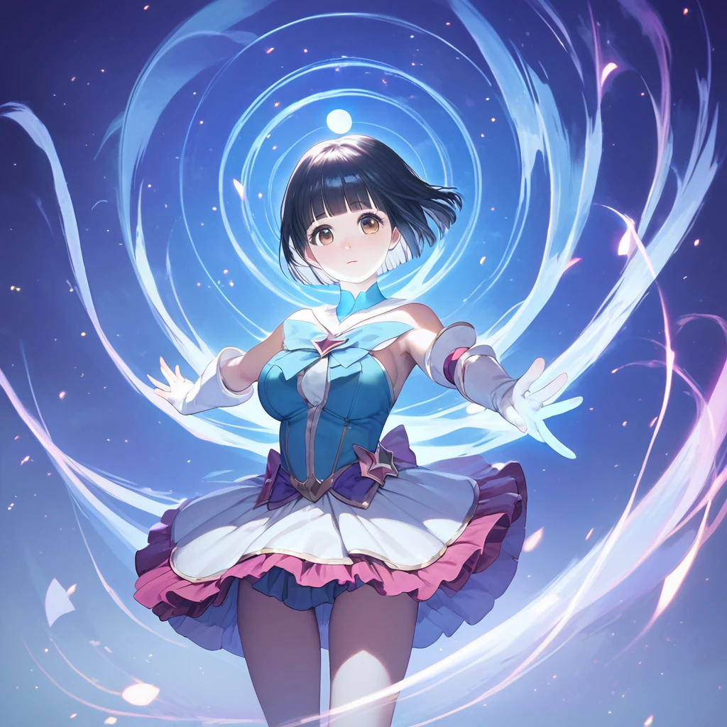 score_9,score_8_up,score_7_up,masterpiece,best quality, source anime, realistic, super detailed, extreme detailed, rating_safe,
1girl, Magical Girl, magic spell pose, Blizzard Magic, cowboy shot,
BREAK girl, 22yo, short hair, bob cut, (blunt bangs), black hair, (tareme, detailed cute brown eyes), curled eyelashes, (large breasts:0.9),
shiny hair, beautiful detailed eyes, beautiful face,
Magical Girl costume, magical effect, simple background