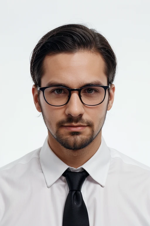 Formal portrait photo of a 30 year old man., shirt and tie on white background, big glasses and black hair, short hair slicked back with a right parting, short beard