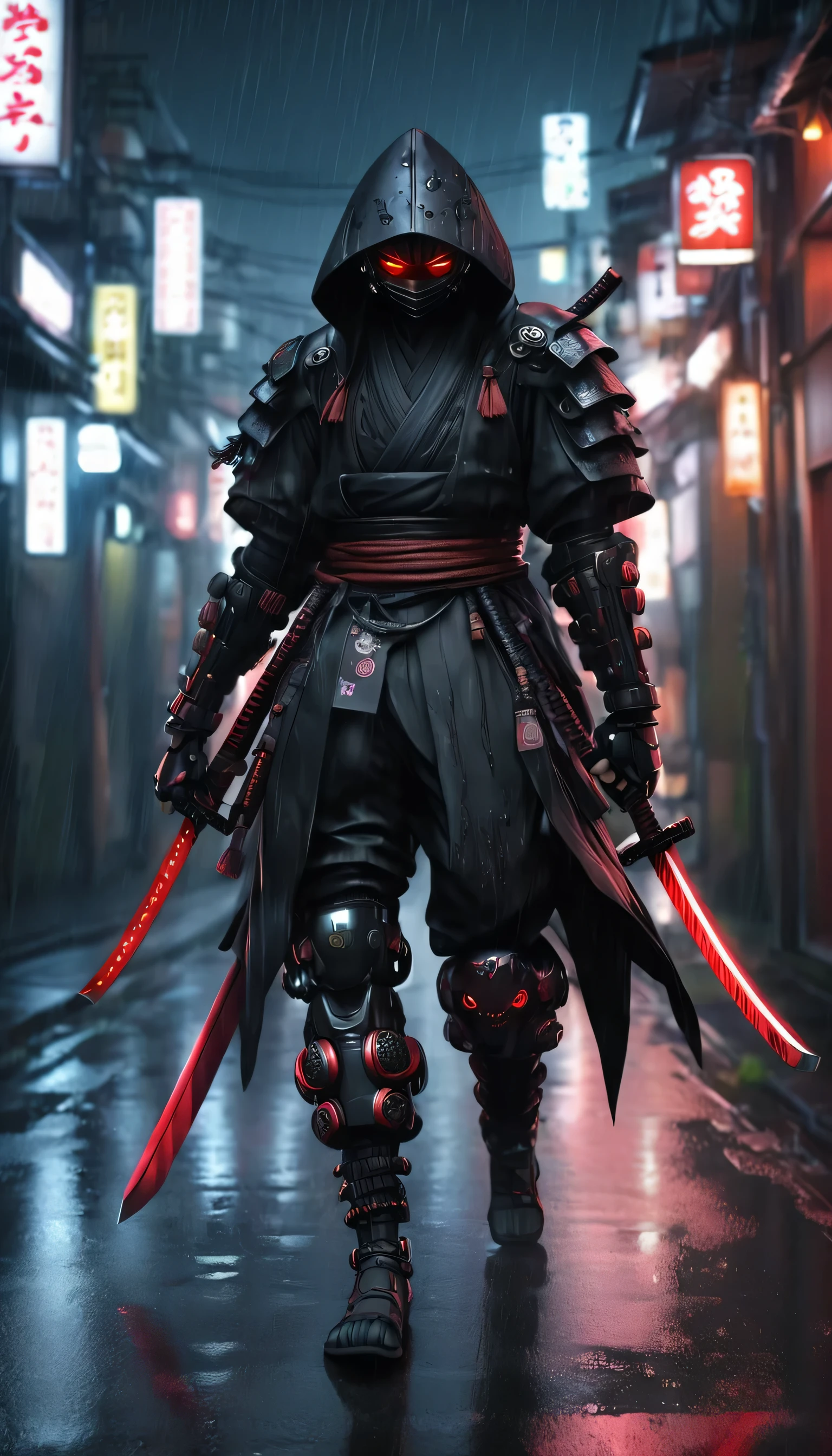 ninja shinobi cyberpunk robot cyborg .big thighs.Wallking street
two samurais walking down a street at night, yasuke.Ninja wearing conical hat. shinobi Cyborg. Red eyes, devil mask, rain. Dark night. Equipped with Sword on back. Katana on back. Robot. gears. screws. lights. wires on back. Arresting monsters in alleys.real. tokyo. UE5 CGI