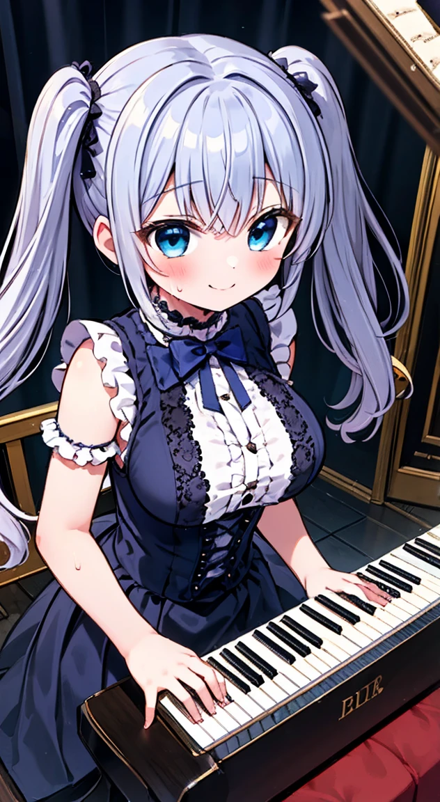 Highest quality,masterpiece,Kawai Piano,See-through piano,Play the crystal piano,1People Girls,cute,Twin tails,Bright Blue Eyes,Anime Style,Large Breasts,Gothic Lolita,Get noticed,on stage,enjoy,smile,Sweat,