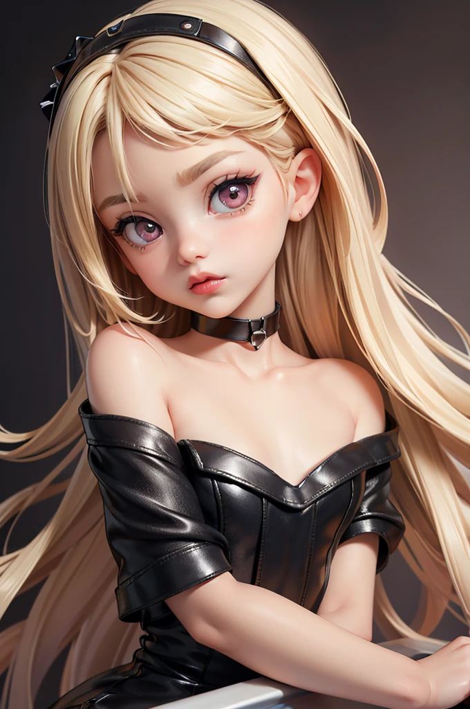 hyperrealistic 14 year old american teen, blonde, little, perfect tiny body, sexy, dark makeup, small choker, perfect slim face, big red lips, very cute face, tiny body, big eyes, young looking, childish looking