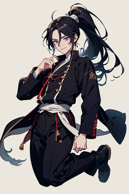 sight, Very long hair, Anatomically correct, ponytail, anime, Young Boy, High resolution, fall, jumping, Black Hair, Simple Background, smile, blue eyes, Touken Ranbu,