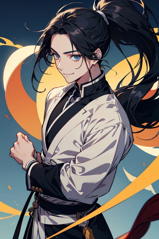 sight, Very long hair, Anatomically correct, ponytail, anime, Young Boy, High resolution, fall, jumping, Black Hair, Simple Background, smile, blue eyes, Touken Ranbu,