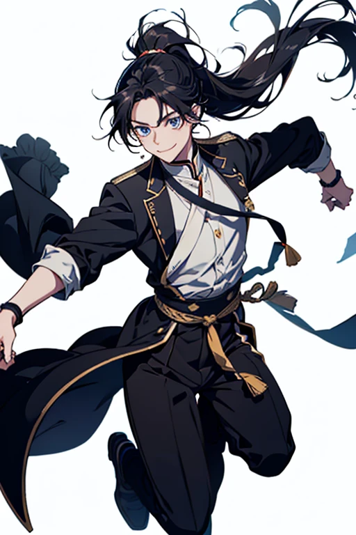 sight, Very long hair, Anatomically correct, ponytail, anime, Young Boy, High resolution, fall, jumping,  Black Hair, Simple Background, smile, blue eyes, Touken Ranbu, 