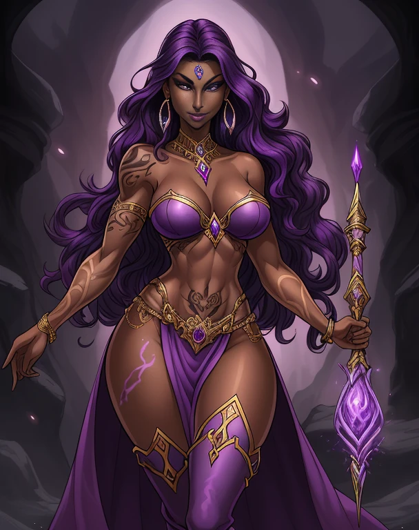 (best quality:1.3), (4K quality),masterpiece, best quality, high res, detailed, (Detailed face:1.2), (Detailed eyes:1.2), (Perfect figure:1.2), Fantasy style, Fantasy environment, solo, 1girl, 25 year old woman, sorceress, (Dark skin:1.5), purple hair, wavy hair, long hair, purple eyes, mascaras purple eyeshadow, smile, purple lipstick,(covered in tattoos:1.2), medium breasts, waist, slender legs, attractive body, slim figure, perfect shape, (Wearing: golden earrings, purple strapless top, purple loincloth, bracelets, knee-high boots), looking at viewer, both hands glowing bright purple, purple magic, bright purple sparks in both hands, BREAK She's a sorceress that wields her magical powers with grace and precision, showcasing her exceptional abilities, She exudes an air of mystery and power, The artwork captures the essence of a strong and alluring character, (Strong and alluring character:1.3)
