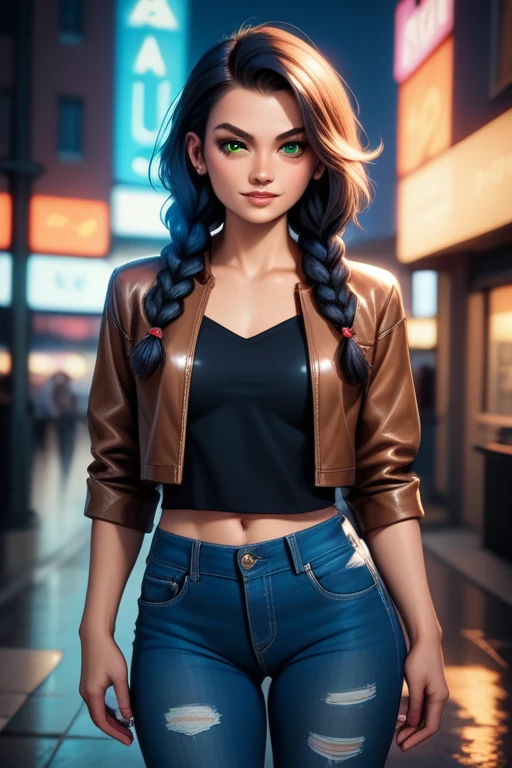 Hungarian woman with an athletic and toned physique; striking features with high cheekbones; green eyes; long, dark hair often styled in intricate braids; 'light olive' skin; best quality; trending on artstation; strong shadows; artistic lighting; dynamic; energetic vibe; realistic skin; specular highlights; micro-textures; highly detailed hair; in a dive-bar at night; dystopian aesthetic; wearing a leather jacket and denim jeans;