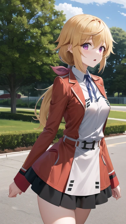 masterpiece, best quality, highres, sd1, charlotte dunois, ponytail, , skirt, hair ribbon, belt, long sleeves, cowboy shot, standing, outdoors, building,