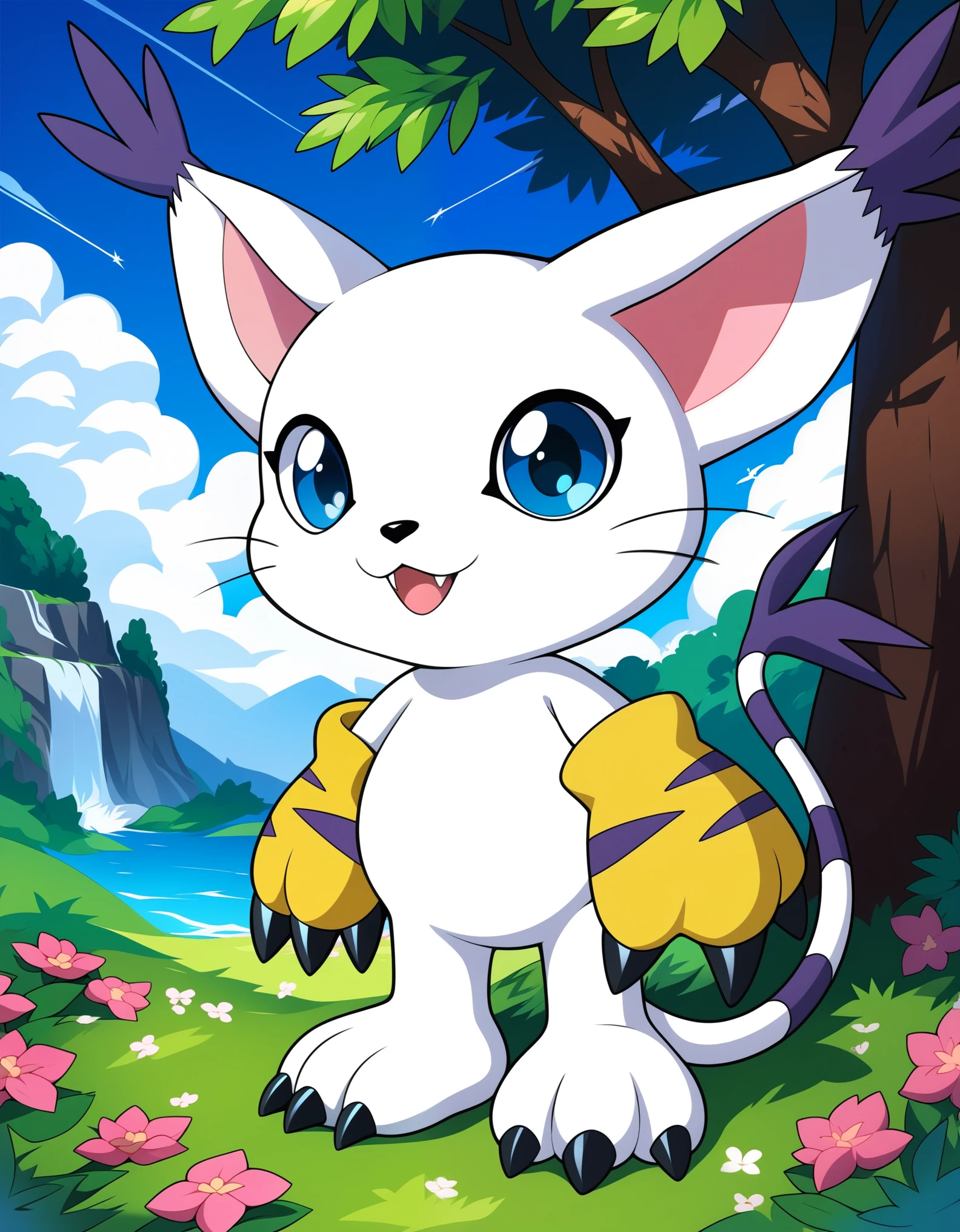  source_furry, absurdres, masterpiece, outstanding,, GATOMON, TAIL RING, RINGLESS, solo, digimon, in a forest, blue eyes, 