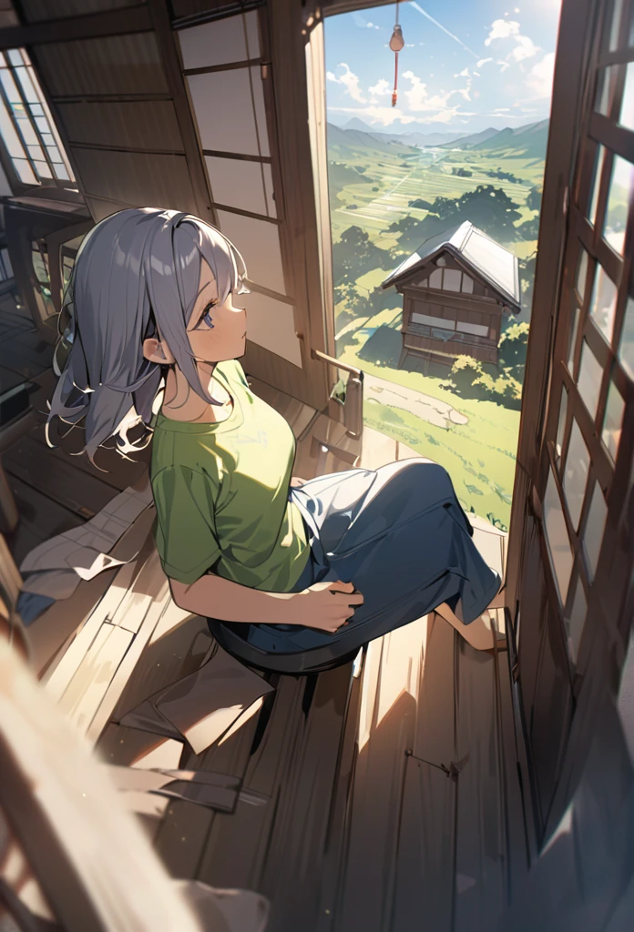 summer、Japanese countryside house、sitting on the edge。bucolic、Background of nature、Style、Countryside view、T-shirt girl、wind chimes、、One Girl、sunlight、Dynamic Angle((masterpiece,Highest quality))、