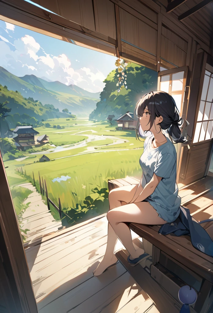 summer、Japanese countryside house、sitting on the edge。bucolic、Background of nature、Style、Countryside view、T-shirt girl、wind chimes、、One Girl、sunlight、Dynamic Angle((masterpiece,Highest quality))、