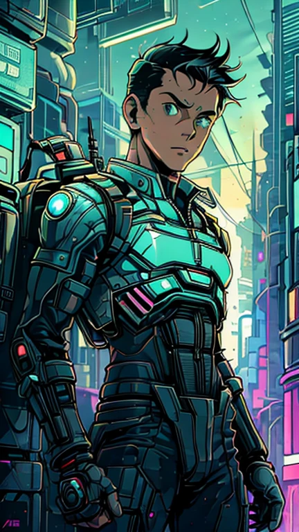 (Teens:1boy: Tintin,CyberpunkAI), (extremely detailed CG unit 8k wallpaper),(master part), (best quality), (ultra detali), (best illustration),(melhor ombre), cowboy shot, (Sharp eyeliner, ombre, detailed eyes:1),dark midnight neon cyberpunk city light background, ,break , (star15escola:1.2), upper body,short hair, black hair,1male,clark