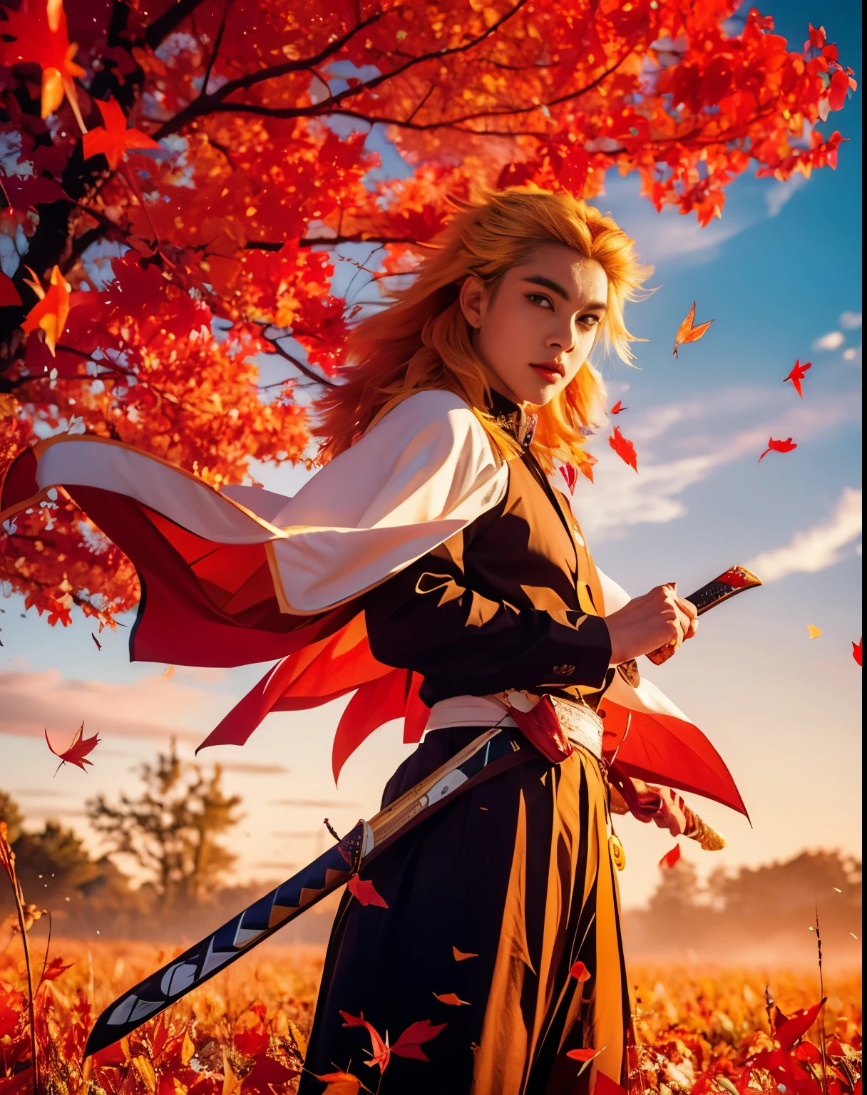 rengoku, demon slayer, male, yellow hair, yellow eyes, black demon slayer uniform, holding a sword, friendly face, detailed hand, detailed face, detailed eye, pink fall leaf effect:1.5, beautiful sky background:1.2, light effect:1.2, ultra-realistic1.2, ultra-detailed1.2, bestquality, masterpiece.