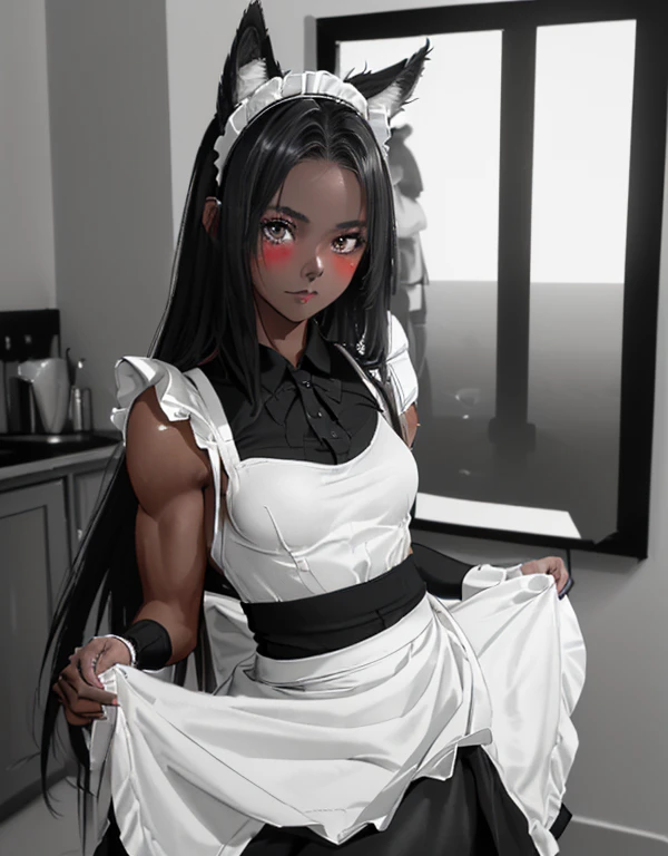 (8k, Realistic, RAW Photos, Highest quality: 1.3), (Fox Girl, Fox Ears, Fox Makeup, One Girl, Long Hair, Alone on the screen, dark skin, High definition, high resolution:1.6), とてもbeautiful, (Realistic Face), (boyish, Silver color very long hair), (maid apron, Black and white clothes, skirt:1.6), (Body measurements are 75-60-75!, Young girl body, Small breasts, skirt hold, slender, muscle:1.9), A brilliance that captivates the viewer, beautiful expression, beautiful breasts, (Realistic Skin), beautiful..., bent over