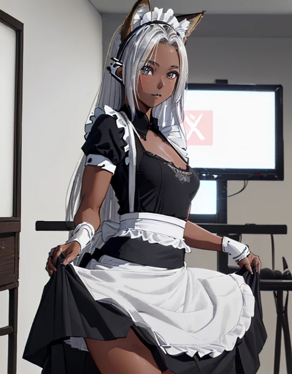 (8k, Realistic, RAW Photos, Highest quality: 1.3), (Fox Girl, Fox Ears, Fox Makeup, One Girl, Long Hair, Alone on the screen, dark skin, High definition, high resolution:1.6), とてもbeautiful, (Realistic Face), (boyish, Silver color very long hair), (maid apron, Black and white clothes, skirt:1.6), (Body measurements are 75-60-75!, Young girl body, Small breasts, skirt hold, slender, muscle:1.9), A brilliance that captivates the viewer, beautiful expression, beautiful breasts, (Realistic Skin), beautiful..., bent over