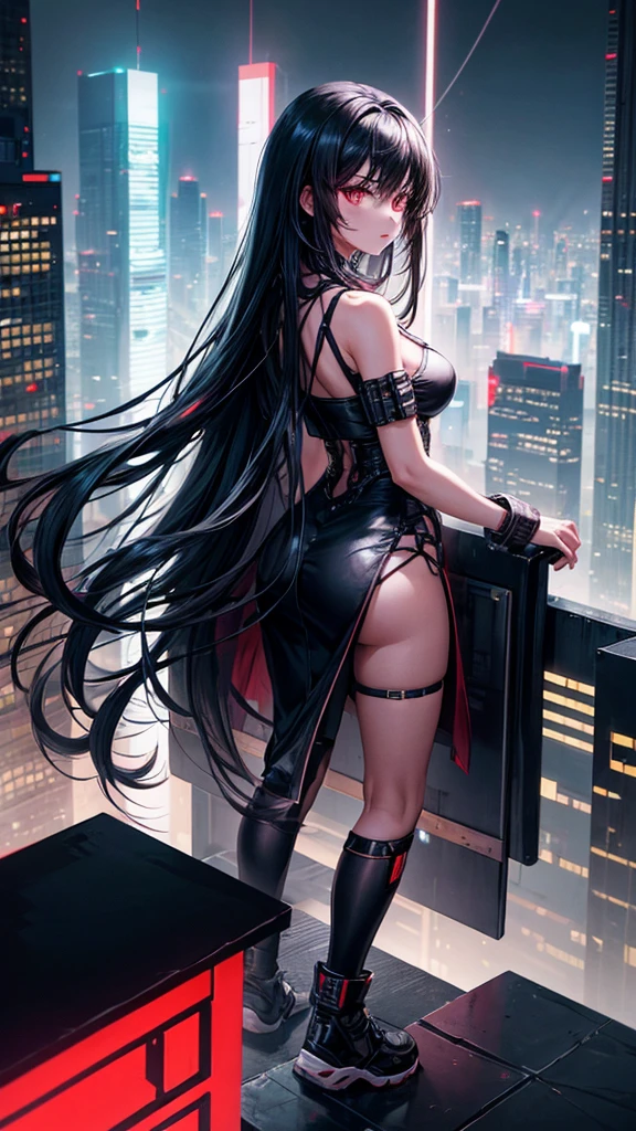 girl with long black hairs standing on the peak of rooftop building at night, looked back to the cyberpunk city