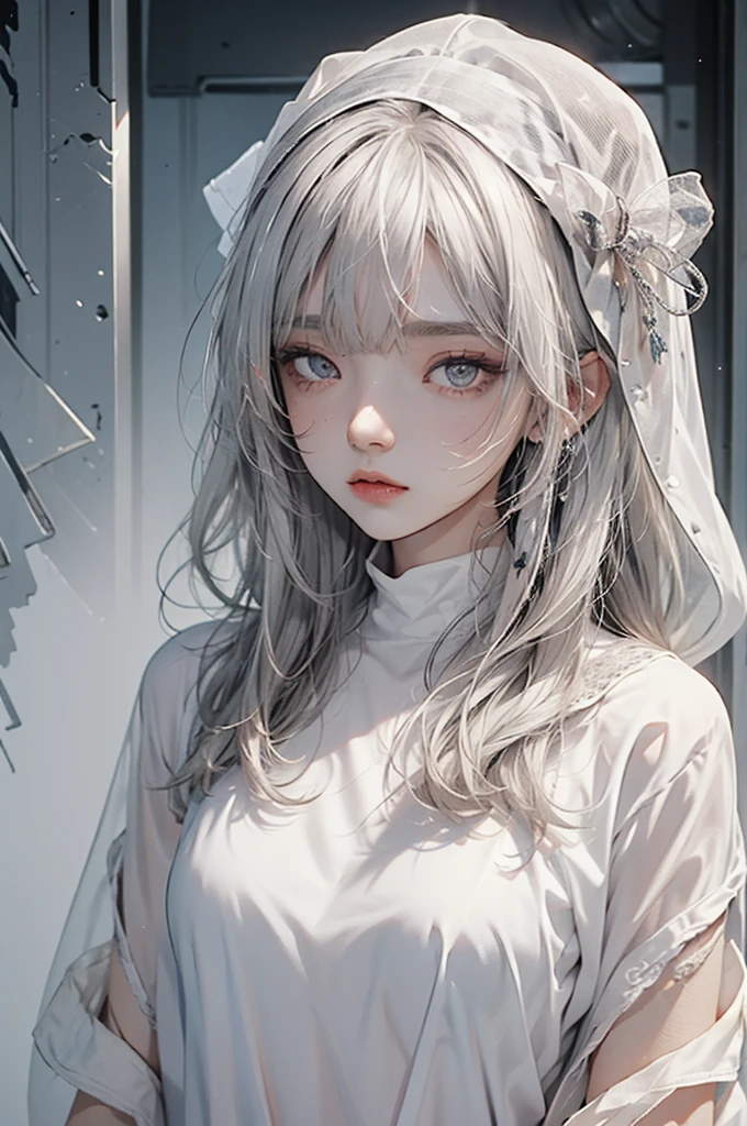 Veil on head, gray veil, white hair, gray white, Guvez art style, arrogant and indifferent girl, half-squinted, white eyeballs, white eyes, national style, gray-white