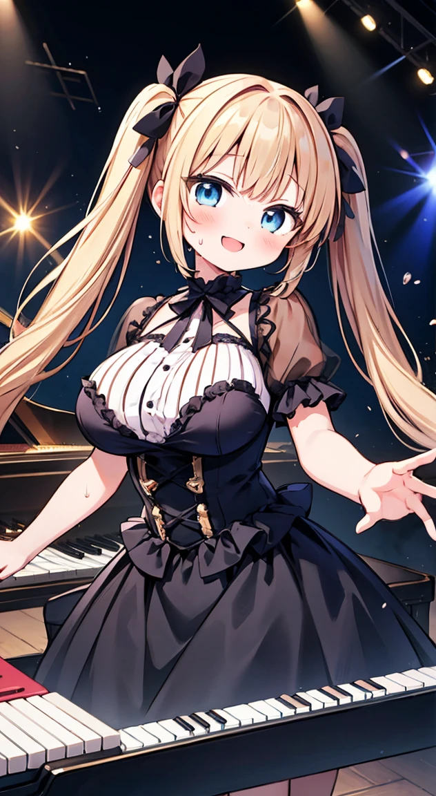 Highest quality,masterpiece,Kawai Piano,See-through piano,Play the crystal piano,1People Girls,cute,Twin tails,Bright Blue Eyes,Anime Style,Large Breasts,Gothic Lolita,Get noticed,on stage,enjoy,smile,Sweat,