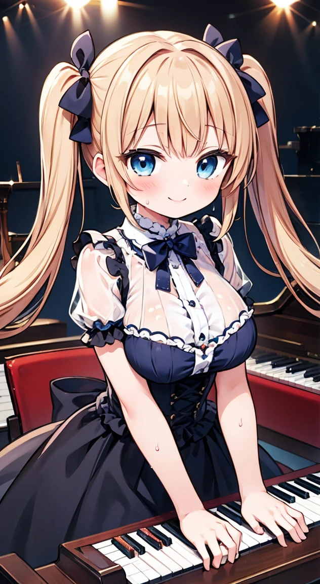 Highest quality,masterpiece,Kawai Piano,See-through piano,Play the crystal piano,1People Girls,cute,Twin tails,Bright Blue Eyes,Anime Style,Large Breasts,Gothic Lolita,Get noticed,on stage,enjoy,smile,Sweat,