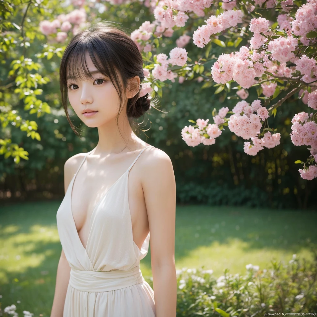a beautiful japanese girl with small breasts, realistic detailed face, beautiful eyes, perfect skin, body, standing outdoors in a natural setting, sunlight on her skin, serene expression, (best quality,8k,highres,masterpiece:1.2),ultra-detailed,(realistic,photorealistic,photo-realistic:1.37),natural light,glowing skin,soft colors,delicate features,elegant pose,graceful,serene,peaceful
