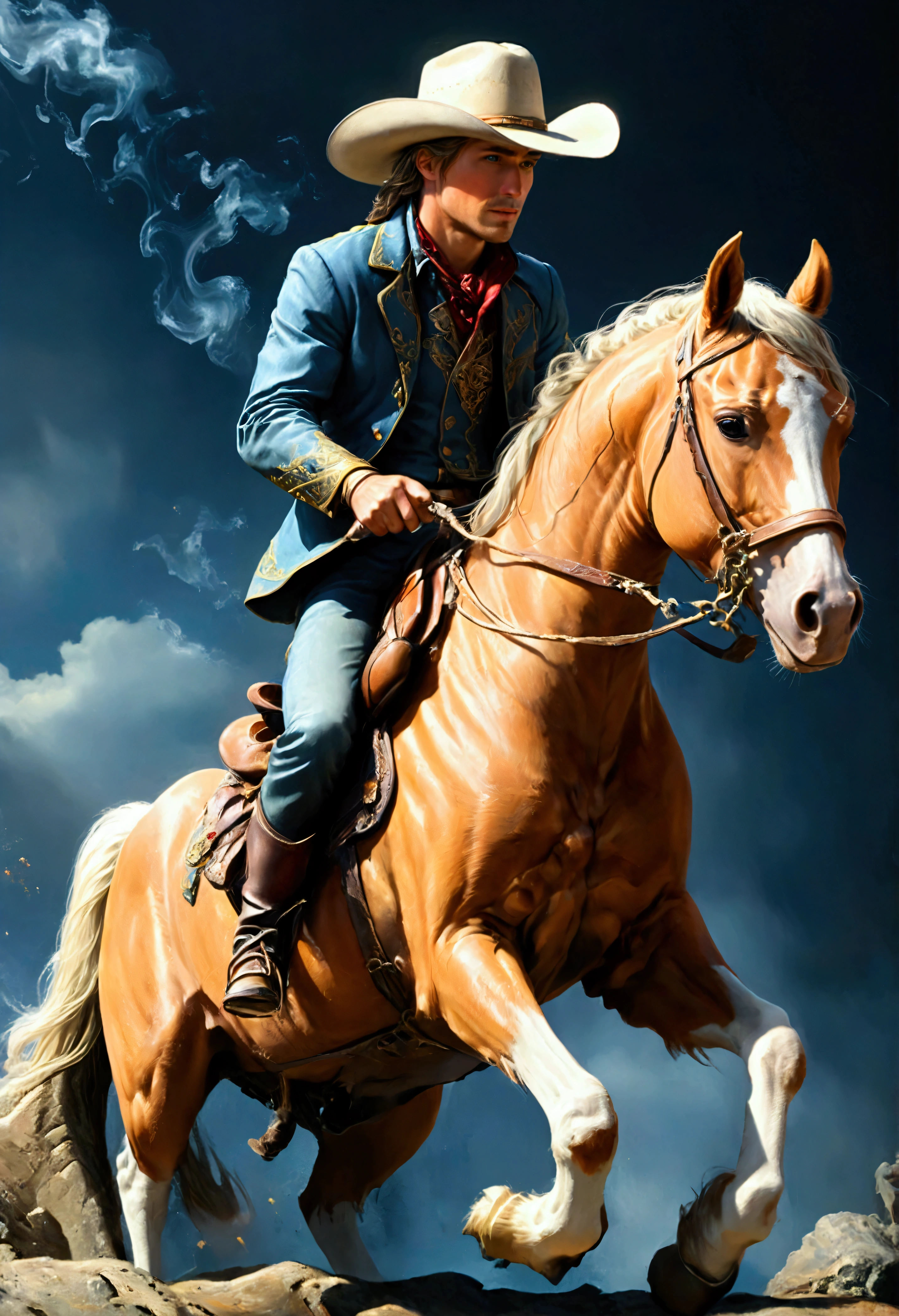 quality\(8k,wallpaper of extremely detailed CG unit, ​masterpiece,hight resolution,top-quality,top-quality real texture skin,hyper realisitic,increase the resolution,RAW photos,best qualtiy,highly detailed,the wallpaper,cinematic lighting,ray trace,golden ratio\), BREAK ,(1man riding 1horse:1.3),solo,1man\(cowboy,riding 1horse,cowboy_hat, cigarette,big smile,full body, holding lariat rope\), BREAK ,1horse\(big, wild rampage horse, very beautiful, white,full body,jumping\), BREAK ,(dynamic action:1.5),(dynamic angle:1.6),western wilderness