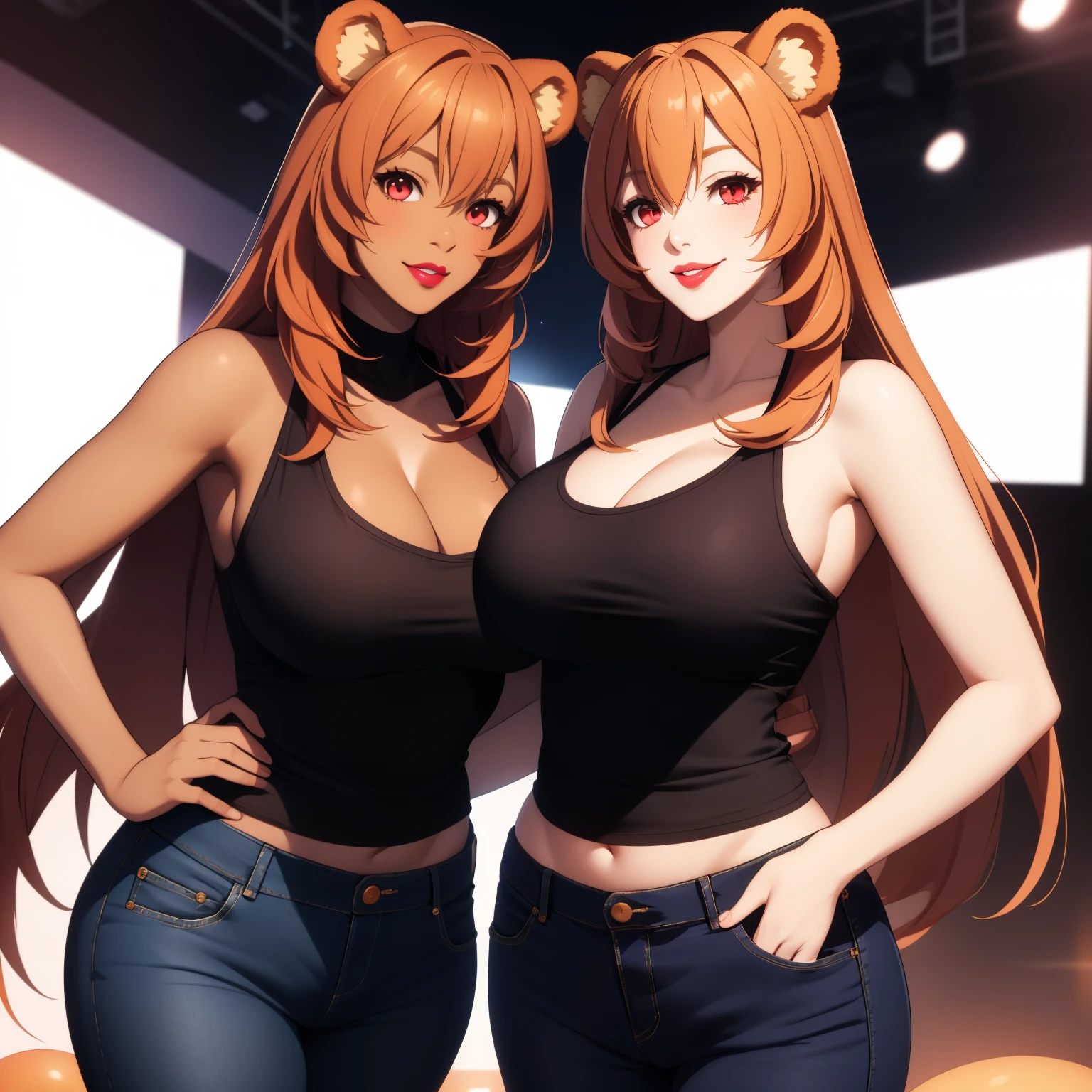 Raphtalia woman 35 years old floating straight orange hair , rounded bear ears, red eyes like ruby, big breasts, Dark skin, tanned skin, low-cut clothing, low cut black top, Tight jeans, Painted lips, fondo una nightclub. nightclub, smile.