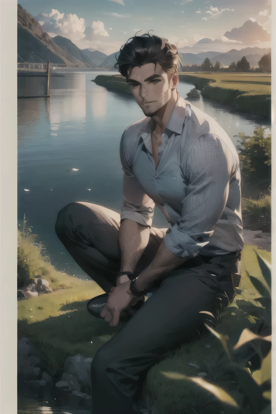 (Best Quality,4k,8k,High resolution,masterpiece:1.2),ultra detailed,(realist,photorealist,photo-realist:1.37),1 man,31 years,mature man,very handsome,big body,muscular,without expresion,blue eyes,perfect face without mistakes,short gray black hair,distracted,sitting on the floor,lagoon in a meadow,cinematic lighting,panoramic photo,imagen HDR