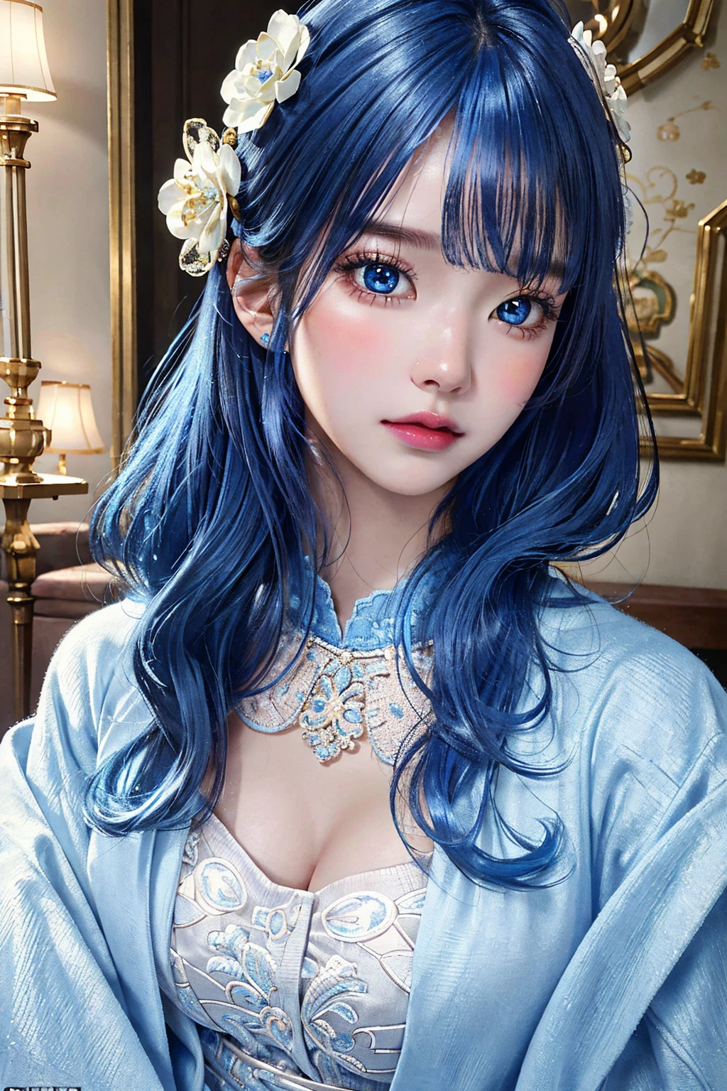 (masterpiece:1.2, Highest quality), (Realistic, photoRealistic:1.4), Ultimate beauty、mature, (Intricate details), unity 8k wallpaper, Super detailed, beautifully、aesthetic, Perfect lighting, (One girl), (Blue Hair, blue eye, Medium chest),, Dynamic pose, Dynamic Angle, lipstick, slim, slim body, Medium chest, , Detailed Background, Realistic, alone, Face in perfect detail, detailed eye, Very detailed, blush, hair ornaments, rolling_eye, squint,beautiful girl、Baby Face