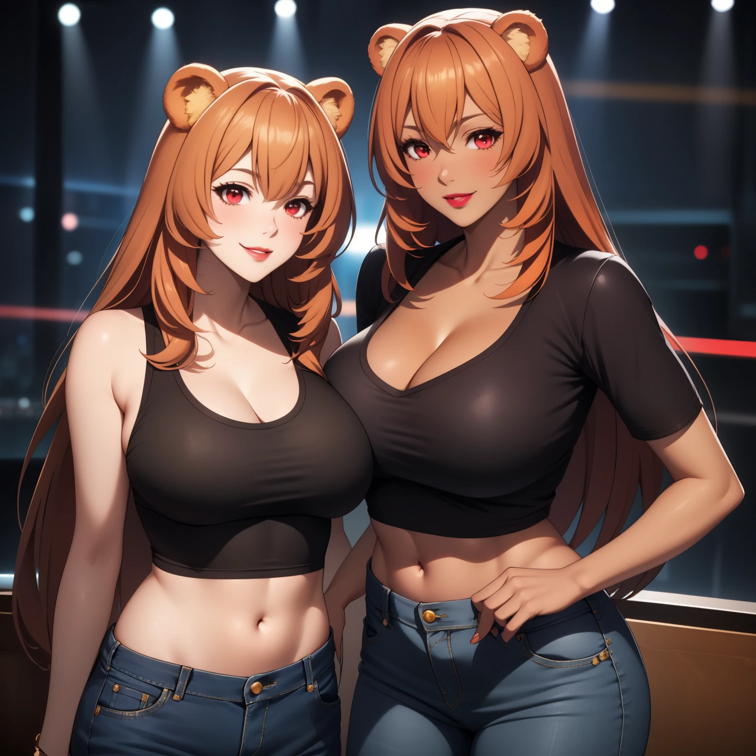 Raphtalia woman 35 years old floating straight orange hair , rounded bear ears, red eyes like ruby, big breasts, Dark skin, tanned skin, low-cut clothing, low cut black top, Tight jeans, Painted lips, fondo una nightclub. nightclub, smile.