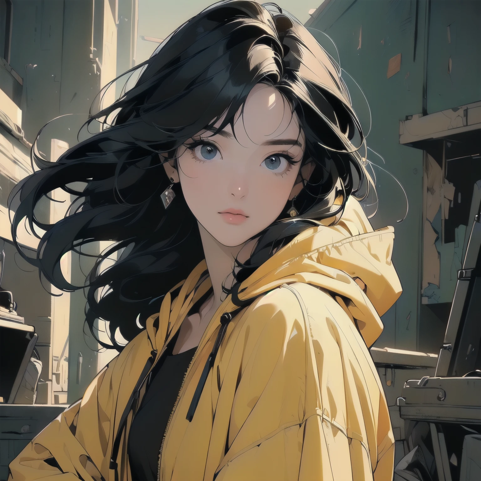 (((Fisheye Lens))), Superior quality, masterpiece, 32K, Depth of written boundary, Complex background、(((Strong light))), Panorama, Long Shot, Backlight, (((Very dull color))),(((One Woman))), (((Extremely detailed backgrounds))), (((head shot))), Ultra detailed hair, (((Faint lighting))),(((A variety of unique hairstyles))), ((((Different angles)))), (((The wind is blowing))),(((Light on the face.))),(((Flat Chest))),Spacesuit,(((mysterious))),Destroyed city,Beautiful face like a goddess、Perfect Face、(((Dilapidated abandoned apartment)))、(((Wear a yellow hood)))、(((Black Hair)))