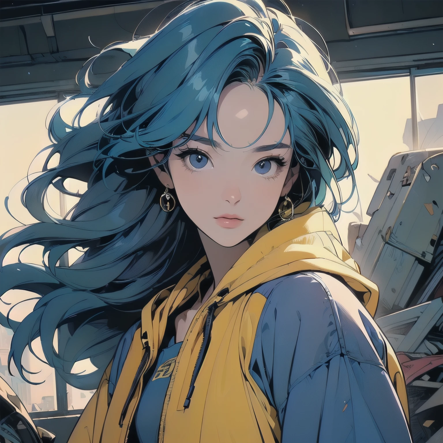 (((Fisheye Lens))), Superior quality, masterpiece, 32K, Depth of written boundary, Complex background、(((Strong light))), Panorama, Long Shot, Backlight, (((Very dull color))),(((One Woman))), (((Extremely detailed backgrounds))), (((head shot))), Ultra detailed hair, (((Faint lighting))),(((A variety of unique hairstyles))), ((((Different angles)))), (((The wind is blowing))),(((Light on the face.))),(((Flat Chest))),Spacesuit,(((mysterious))),Destroyed city,Beautiful face like a goddess、Perfect Face、(((Dilapidated abandoned apartment)))、(((Wear a yellow hood)))、(((Blue Hair)))