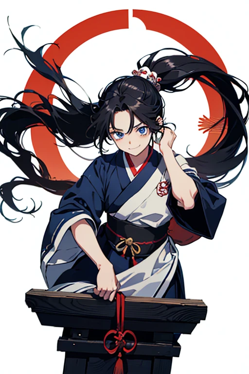 sight, Very long hair, Anatomically correct, ponytail, anime, , 8 years old, boy, High resolution, fall, jumping, Black Hair, Simple Background, smile, blue eyes, Shrine maiden, Shinto,