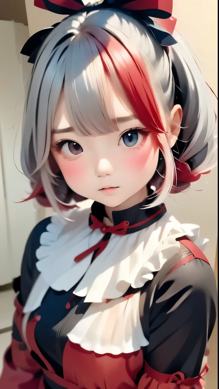 masterpiece:1.5、Highest quality、Ultra-high resolution、Very detailed、８ｋ、(((Gray Hair、Red hair tips:1.2)))、(((Beautiful gradient hair:1.2)))、One Girl、、Katyusha with a big red ribbon、Cute Face、Baby Face、Natural look、dress down、Casual costume、Simple Background、Blurred Background、