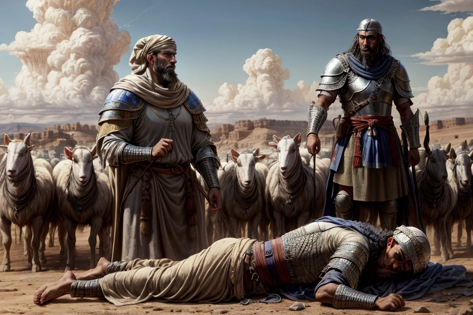 The Battlefield The Valley of Elah was tense with the anticipation of battle. On one side, the Israelites, led by King Saul, looked with dread across the valley. On the other side stood the Philistines, with their champion, Goliath, a giant of a man over nine feet tall, clad in heavy bronze armor. His booming voice echoed through the valley as he issued his daily challenge. The landscape was rugged, with rocky hills and sparse vegetation, the ground dusty underfoot. The sky above was clear, the sun beating down on the assembled armies. The Israelites' camp was abuzz with fear and uncertainty, while the Philistines exuded confidence, their morale bolstered by their intimidating champion. David's Arrival David, a young shepherd boy, arrived at the Israelite camp carrying provisions for his brothers. He was of average height, with a lean, wiry frame from years of tending sheep. His hair was a mess of dark curls, and his eyes were bright and filled with youthful determination. Despite his age, there was a certain calm and confidence in his demeanor. As David approached, he heard Goliath's taunts and saw the fear in the eyes of the Israelite soldiers. His brothers, Eliab, Abinadab, and Shammah, were among the troops, their faces lined with worry. King Saul King Saul, the first king of Israel, was a tall and imposing figure himself, though he seemed dwarfed by Goliath. His regal bearing was marred by the worry etched into his features. He wore the traditional royal armor, though it did little to mask his apprehension about the dire situation.