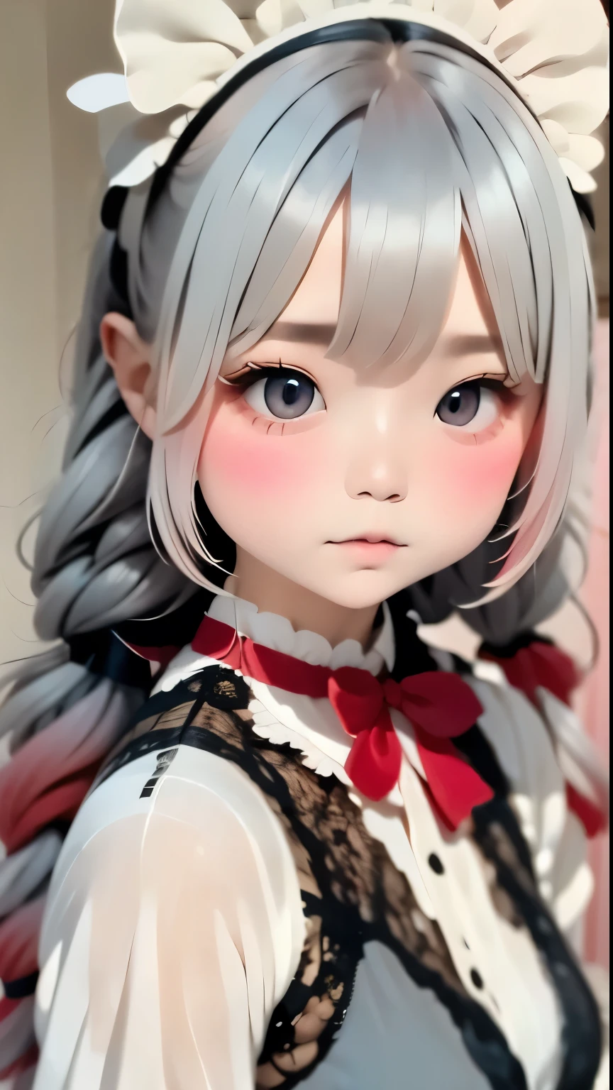 masterpiece:1.5、Highest quality、Ultra-high resolution、Very detailed、８ｋ、(((Gray Hair、Red hair tips:1.2)))、(((Beautiful gradient hair:1.2)))、One Girl、、Katyusha with a big red ribbon、Cute Face、Baby Face、Natural look、dress down、Casual costume、Simple Background、Blurred Background、