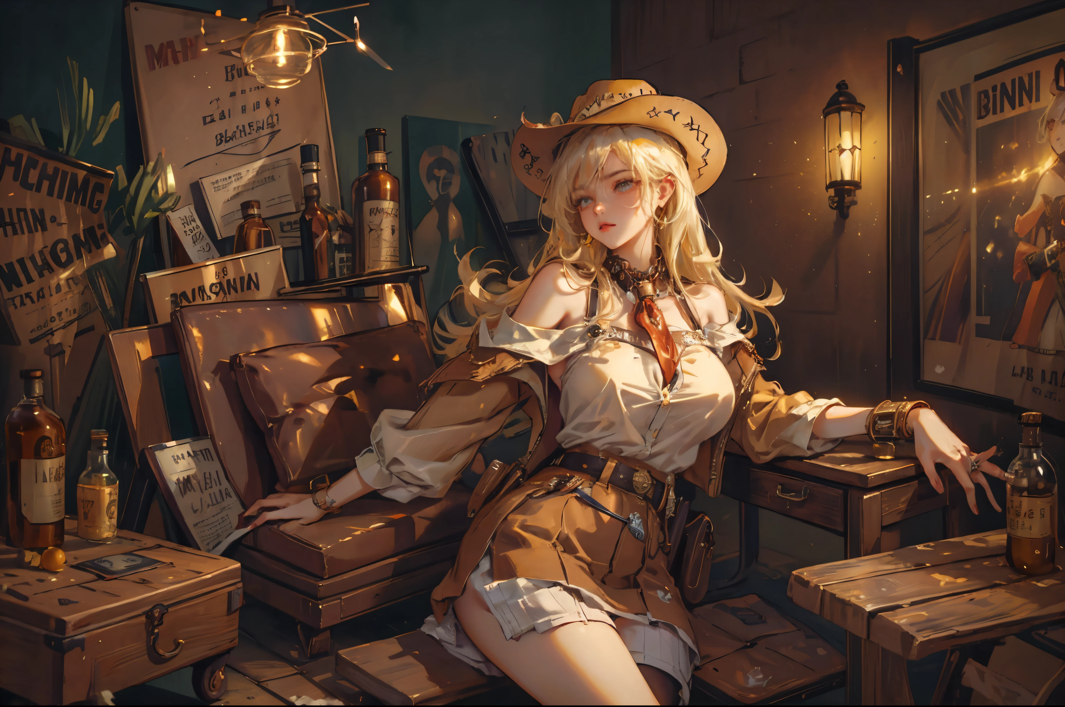 1girl\(cowgirl,cowboy_hat,belt_buckle,blonde,big  breast,gun holder,gun,bullet belt,western police badge,drinking bourbon whiskey\),background\(western bar,bourbon whiskey,shiny shot-grass of bourbon),,quality\(8k,wallpaper of extremely detailed CG unit, ​masterpiece,hight resolution,top-quality,top-quality real texture skin,hyper realisitic,increase the resolution,RAW photos,best qualtiy,highly detailed,the wallpaper,cinematic lighting,ray trace,golden ratio\), 