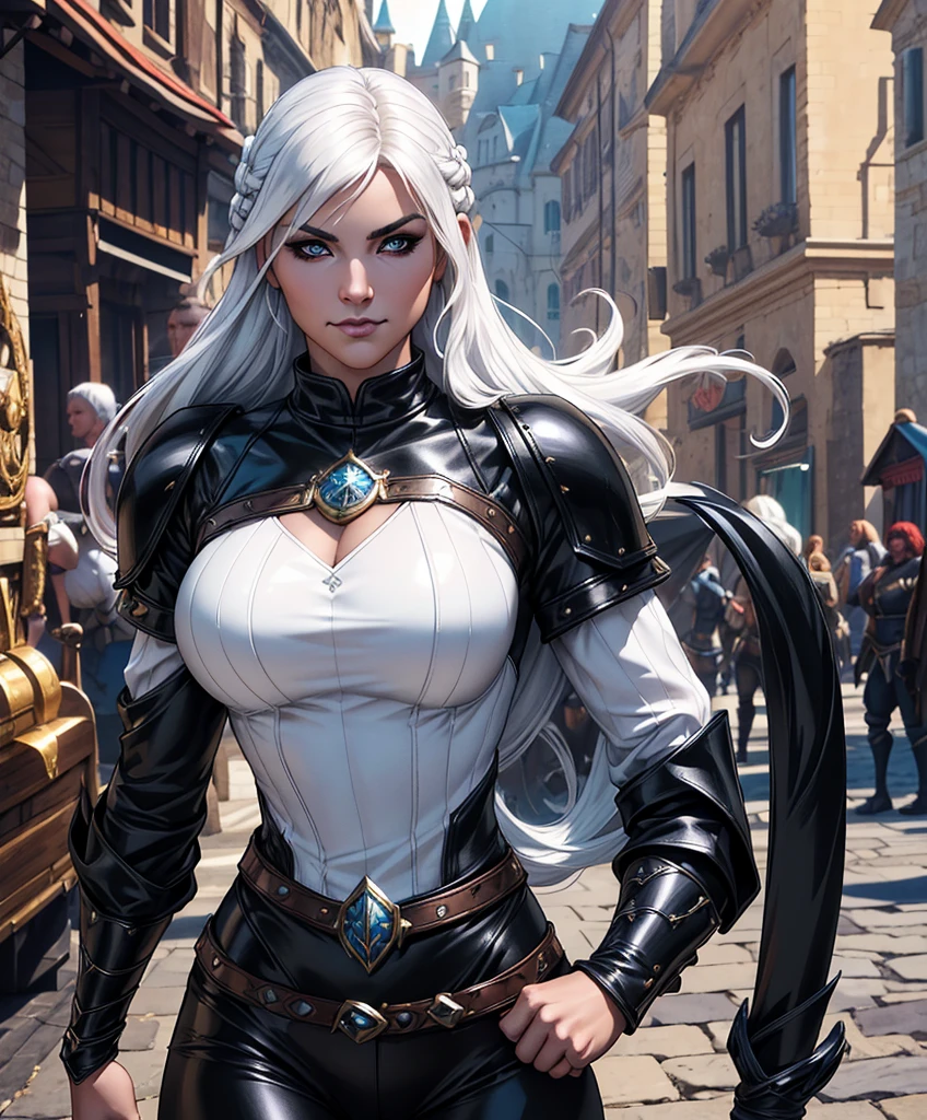 score_9, score_8_up, score_8,  (((Single character image.))) (((1girl))) (((Solo))) (((Dressed in medieval fantasy attire.)))   (((She wears medieval fantasy attire.))) (centered, upper body, 1girl, woman, smirk, long wavy white hair, Masterpiece, super quality, Looks like a lithe, athletic female for a fantasy setting.  She wears tight black leather pants, white, puffy, swashbuckler shirt, several sexy tattoos and a look of thrilling excitement.  Background is a bustling medieval port town. Looks like a Dungeons and Dragons character.  Looks like a fierce sexy rogue. Looks like a lithe and beautiful adventurer with a smug smirk. Looks like an incredibly goth female fighter in a fantasy setting.    (((wearing fantasy armor))), fantasy artwork, fantasy attire, clear and sharp, attractive, (((luxurious hair))), (((exotic hair style))),  sly, woman in her early 20’s,  sassy, (((muscular))), (((ideal female physique))), (((black leather)))) (((White hair))), smug smirk, gorgeous face, and an athletic body, beautiful body, hyper detailed, gothic art, trending on artstation, Dungeons & Dragons, character portrait, intricate details, ultra detailed, ultra detailed clothes,  epic masterpiece, intricate details,  award winning, fantasy art concept masterpiece, trending on Artstation, digital art, unreal engine, 8k, ultra HD, centered image masterpiece:1.2, photorealistic:1.2, girl focus, volumetric lighting, glossy skin, shiny skin,    award winning, fantasy art concept masterpiece, trending on Artstation, digital art, unreal engine, 8k, ultra HD, centered image
best quality:1.0,hyperealistic:1.0,photorealistic:1.0,madly detailed CG unity 8k wallpaper:1.0,masterpiece:1.3,madly detailed photo:1.2, hyper-realistic lifelike texture:1.4, picture-perfect:1.0,8k, HQ,best quality:1.0, 