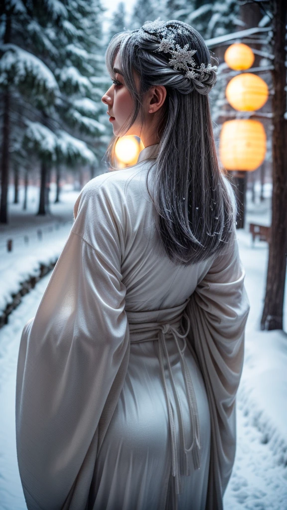 Snow Woman、Gray Hair、White kimono、long hair、Back view、Pale skin、forest、night
