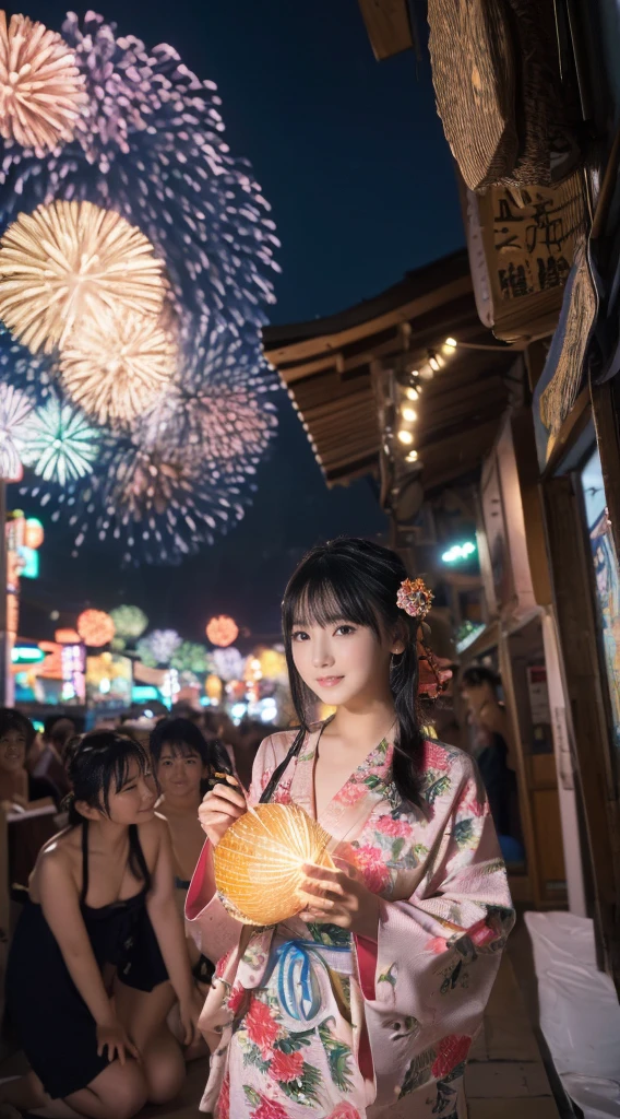 (((Masterpiece，Highest quality，Highest quality，8k，16K))，((Ultra-high resolution，Super detailed)))，Japanese，beautiful girl，glamorous，Golden Ratio Style，Yukata，Hair tying，hairpin，Drawstring bag，geta，night，Outdoor，Summer festival，street vendors，Opening a store，Fireworks display(Fireworks)、Fireworksの色とりどりの華やかな淡い光，((河原にてSummer festivalのメインイベントであるFireworks displayのFireworksを背景にスナップ写真))，(日本のSummer festivalの風景)，