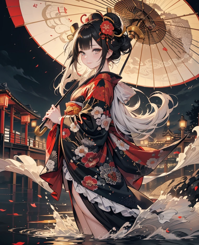 Ink and ink painting,Black and white painting,splash,god々A beautifully and gorgeously decorated courtesan,A large, gorgeously decorated hairpin,Gorgeous kimono,(Oiran hairstyle, Date Hyogotaka),Large umbrella,Courtesan Procession,Night scenery with lanterns lined up,