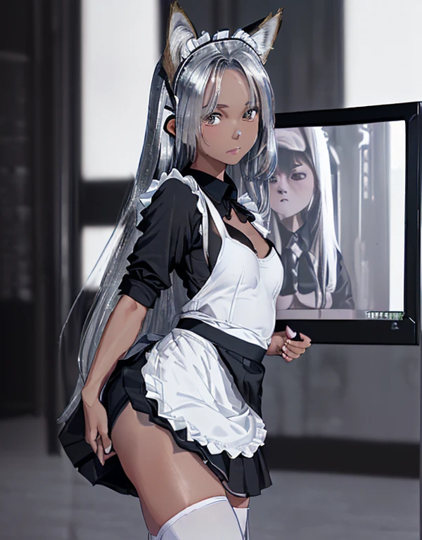 (8k, Realistic, RAW Photos, Highest quality: 1.3), (Fox Girl, Fox Ears, One Girl, Long Hair, Alone on the screen, dark skin, High definition, (boyish, Silver color very long hair), high resolution:1.6), とてもbeautiful, (Realistic Face), (maid apron, Black and white clothes, skirt:1.6), (Body measurements are 75-60-75!, Young girl body, Small breasts, skirt hold, slender, muscle:1.9), A brilliance that captivates the viewer, beautiful expression, beautiful breasts, (Realistic Skin), beautiful..., bent over