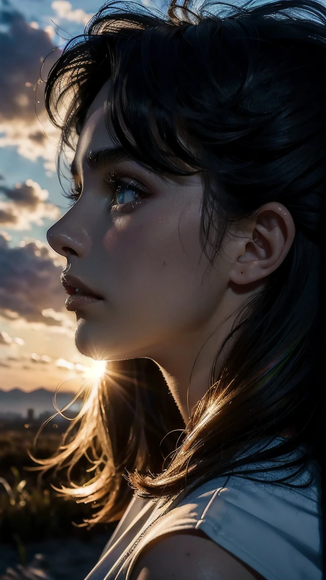 masterpiece, Best Quality, half body, city at sunset, 1 girl, alone, profile 3/4, cheered up, 3D, hyperrealistic, pixar, realist, young girl, sexy, beautiful face, urban style, beautiful, striking, street lights, silhouette, seeds skin, illustration, side glance, foreshortening, 8k extremadamente detallado, seeds, High resolution, ultra quality, very detailed eyes, very detailed mouth, Very detailed face, Perfect eyes, the eyes are the same, true light, Glare, iridescent, global illumination, real hair movement, The evening light, real shadow, the true way, High Definition, 2k, 4k, 8k, 16k, luz realista , hard shadows, bright Eyes, fluorescent eyes, light suit, dream light