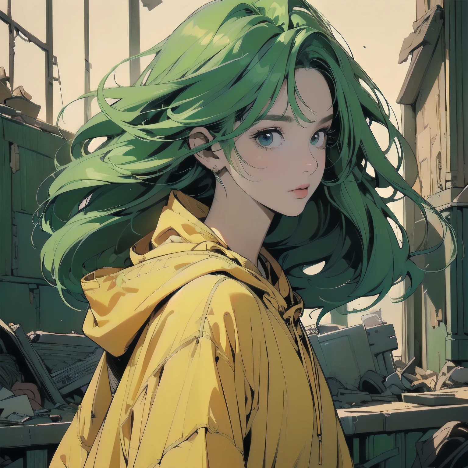 (((Fisheye Lens))), Superior quality, masterpiece, 32K, Depth of written boundary, Complex background、(((Strong light))), Panorama, Long Shot, Backlight, (((Very dull color))),(((One Woman))),  (((Extremely detailed backgrounds))), (((head shot))), Ultra detailed hair, (((Faint lighting))),(((A variety of unique hairstyles))), ((((Different angles)))), (((The wind is blowing))),(((Light on the face.))),(((Flat Chest))),Spacesuit,(((mysterious))),Destroyed city,Beautiful face like a goddess、Perfect Face、(((Dilapidated abandoned apartment)))、(((Wear a yellow hood)))、(((Green Hair)))