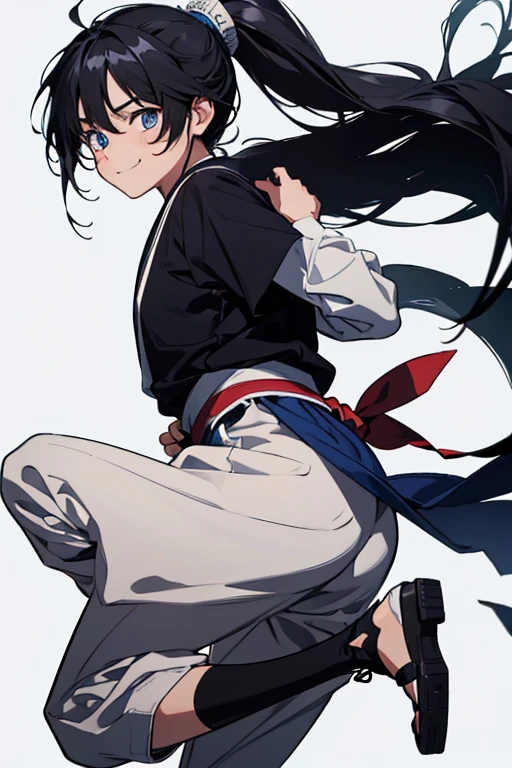 sight, Very long hair, Anatomically correct, ponytail, anime, , 8 years old, boy, High resolution, fall, jumping, Black Hair, Simple Background, smile, blue eyes, Shinto,